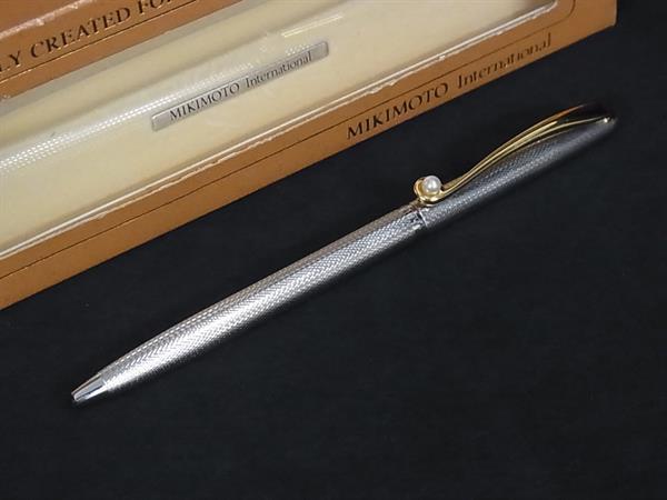 ■美品■ MIKIMOTO ミキモト 本真珠 アコヤ真珠 パール 約3mm ツイスト式 ボールペン 筆記用具 文房具 シルバー系 DL4593