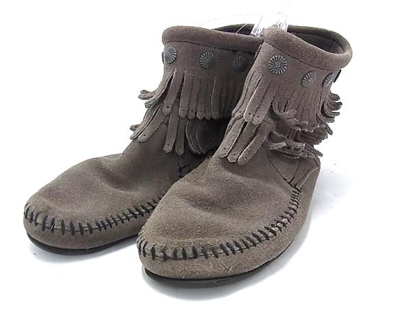 MINNETONKA ミネトンカ スエード フリンジ ショートブーツ 表記サイズ 7(約24cm) 靴 シューズ レディース グレージュ系 DL5482