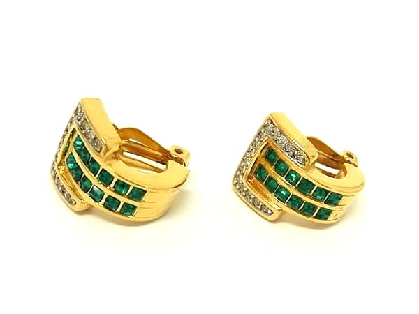 ■美品■ NINA RICCI ニナリッチ ラインストーン クリップ式 イヤリング アクセサリー レディース ゴールド系×グリーン系 DN7563