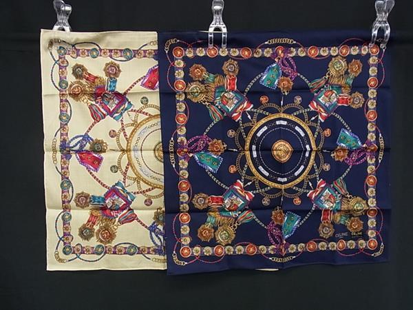 ■新品同様■ CELINE セリーヌ マカダム コットン100％ ハンカチーフ ポケットチーフ 2点セット ベージュ系×ネイビー系 DL6311