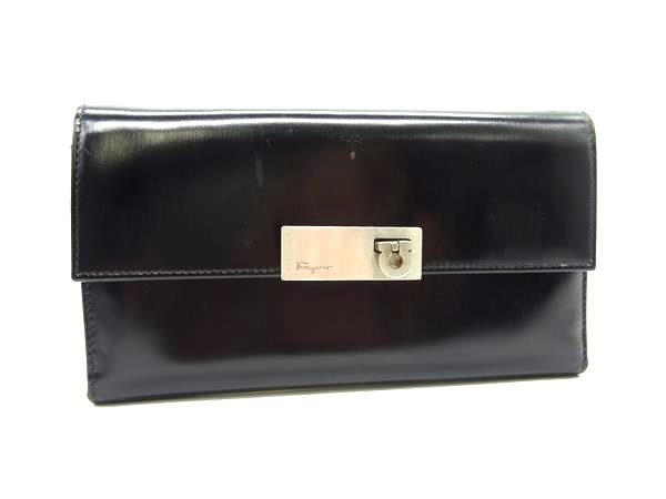 ■美品■ Salvatore Ferragamo フェラガモ ガンチーニ レザー 三つ折り 長財布 ウォレット 小銭入れ 札入れ ブラック系 DL6768