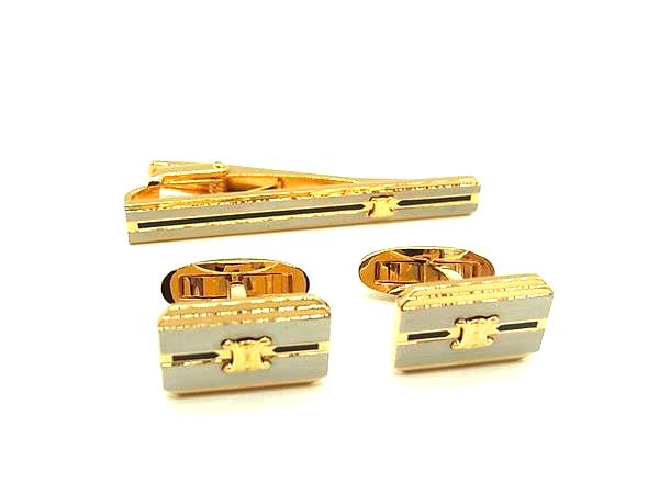 ■美品■ CELINE セリーヌ マカダム カフスボタン タイクリップ ビジネス 紳士 メンズ 2点セット シルバ..