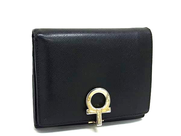 Salvatore Ferragamo フェラガモ ガンチーニ レザー 二つ折り 財布 ウォレット 小銭入れ 札入れ カード入れ ブラック系 DN4603