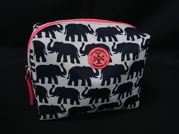 トリーバーチ ■美品■ TORY BURCH トリーバーチ ナイロン×レザー 象柄 マルチポーチ マルチケース 小物入れ アイボリー系×ブラック系 DL4183