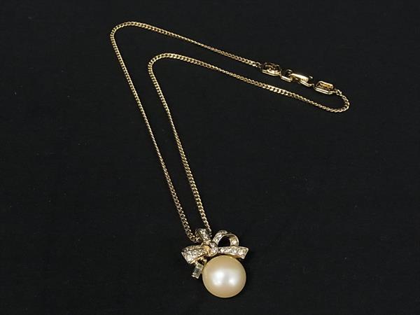 Aquamarine - ■美品■ NINA RICCI ニナリッチ ラインストーン パール リボン ネックレス ペンダント アクセサリー レディース ゴールド系 DL4533