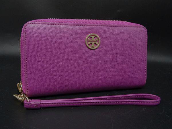 ■美品■ TORY BURCH トリーバーチ レザー ハンドルストラップ付 ラウンドファスナー 長財布 ウォレット パープル系 DJ8969