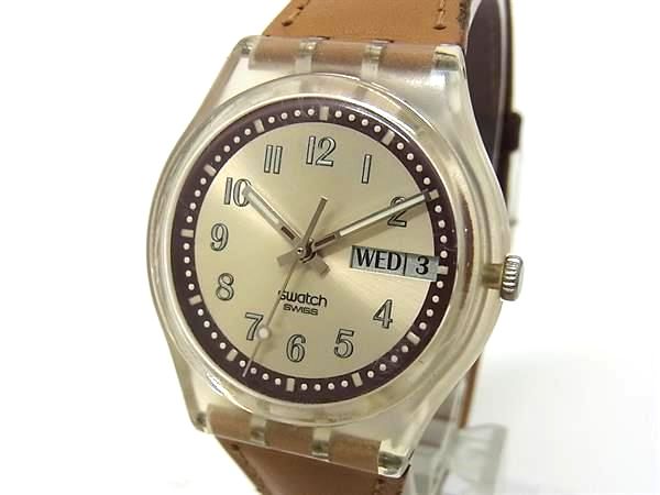 ■稼働品■ SWATCH スウォッチ レザー クォーツ 生活防水 ウォッチ 腕時計 レディース ベージュ系 DP2439