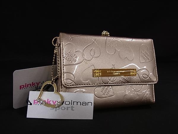 ピンキーウォルマン 財布（レディース） ■極美品■ pinky wolman sport ピンキーウォルマンスポーツ パテントレザー ハート がま口 三つ折り 財布 ウォレット ピンク系 DL1681