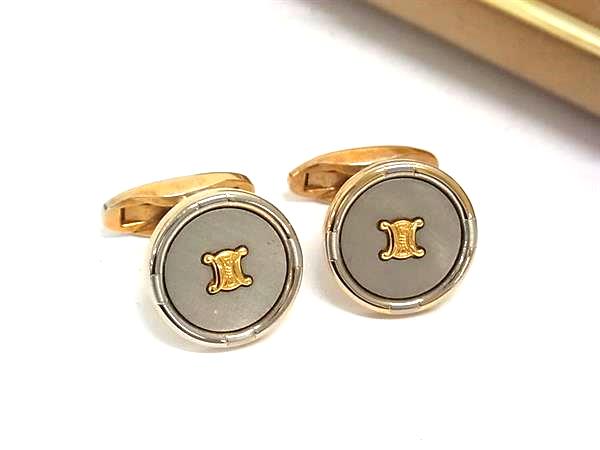 CELINE セリーヌ マカダム カフスボタン カフリンクス アクセサリー ビジネス 紳士 メンズ シルバー系×..