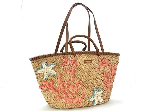 ■新品同様■kate spade ケイトスペード ワット ザ シェル エンベリッシュド ストロー かごバッグ ハンドバッグ ショルダー FV5830