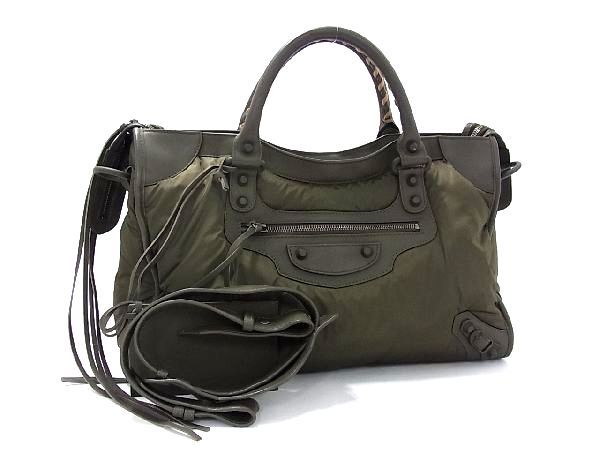 ハンドバッグ ■極美品■ BALENCIAGA バレンシアガ 115748 ザ・シティ ナイロン×レザー ミラー付き 2WAY ハンドバッグ ショルダー カーキ系 BG1376