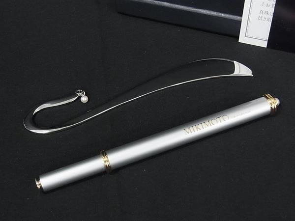 ■極美品■ MIKIMOTO ミキモト 本真珠 アコヤ真珠 パール 約3mm〜約4mm キャップ式 しおり 栞 ボールペン 2点セット シルバー系 DJ2306