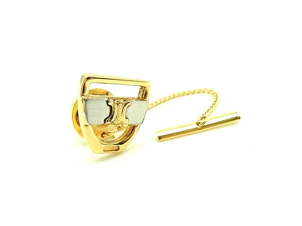 ■美品■ CELINE セリーヌ マカダム ネクタイピン アクセサリー ビジネス 紳士 メンズ ゴールド系×シルバー系 DK9630(4.0)