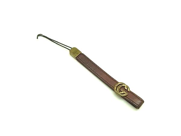 GUCCI グッチ ダブルG レザー ストラップ キーホルダー バッグチャーム レディース ブラウン系 DK9648