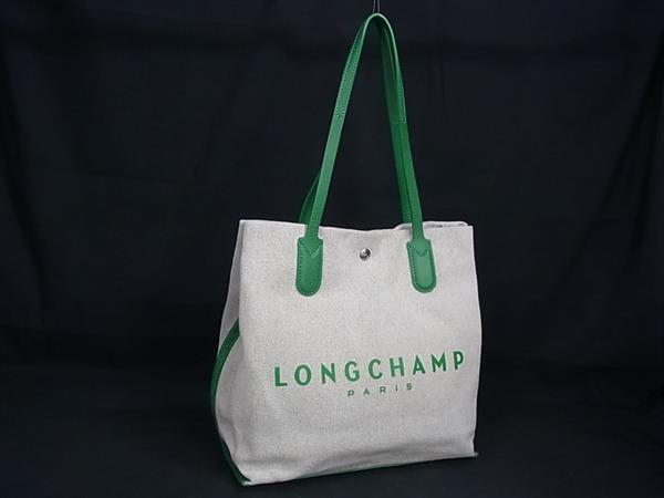 樂天商城 - ■美品■ LONGCHAMP ロンシャン エッセンシャルトワル キャンバス×レザー ショルダーバッグ トート グレー系×グリーン系 FX0621