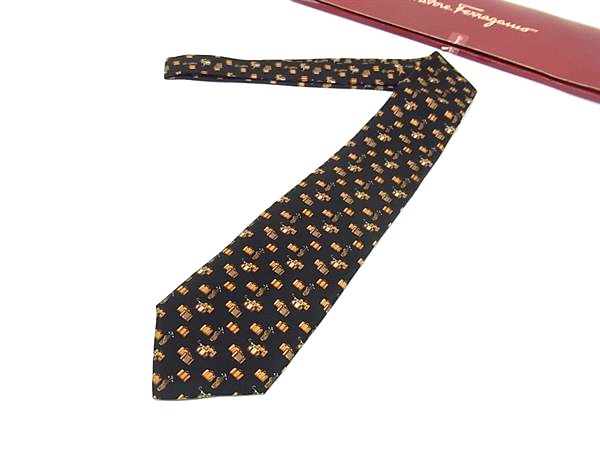 ■新品同様■ Salvatore Ferragamo フェラガモ シルク100% 総柄 ネクタイ ビジネス 紳士 メンズ ブラック系×オレンジ系 BS1903