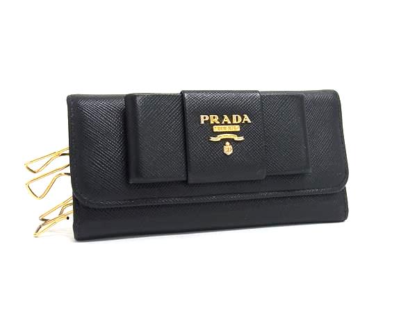 PRADA プラダ サフィアーノレザー リボン 6連 キーケース 鍵入れ レディース ブラック系 DL8286
