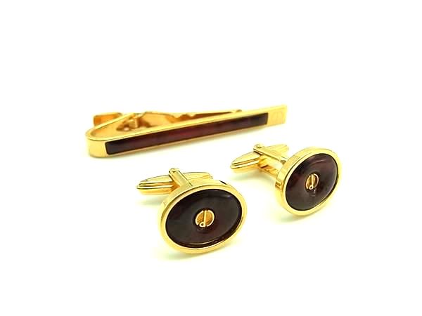 乐天商城 - ■美品■ dunhill ダンヒル カフスボタン カフリンクス タイクリップ アクセサリー 2点セット ボルドー系×ゴールド系 DL2018