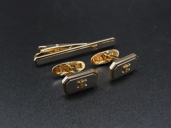 ■美品■ CELINE セリーヌ マカダム カフスボタン カフリンクス タイクリップ アクセサリー 2点セット シ..