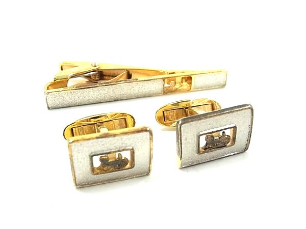 CELINE セリーヌ ヴィンテージ カフスボタン ネクタイピン アクセサリー 2点セット ビジネス 紳士 シルバー系×ゴールド系 DK6923