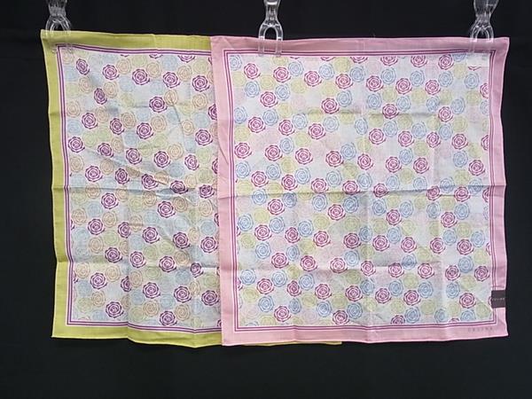 ■新品同様■ CELINE セリーヌ コットン100％フラワー花柄 ハンカチ ハンカチーフ レディース 2点セット ピンク系×グリーン系 DK8483
