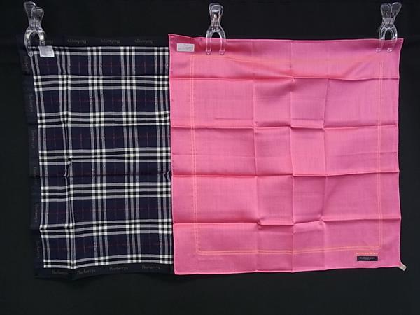 ■新品同様■ BURBERRY バーバリー ノバチェック コットン ハンカチーフ ポケットチーフ 2点セット ピンク系×ネイビー系 DL0904