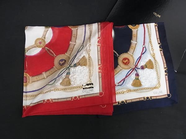 ■極美品■ CELINE セリーヌ ベルト柄 ハンカチーフ ポケットチーフ 2点セット レディース レッド系×ネイビー系 DL4686