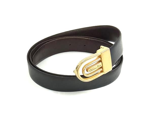 ChristianDior クリスチャンディオール ヴィンテージ レザー ゴールド金具 リバーシブル ベルト ブラック系×ダークブラウン系 DL6313