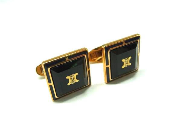 CELINE セリーヌ マカダム カフスボタン カフリンクス アクセサリー 紳士 メンズ ブラック系×ゴールド..