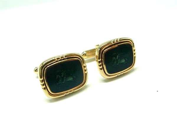■美品■ BURBERRY バーバリー カフスボタン カフリンクス アクセサリー ゴールド系×グリーン系 DL5860