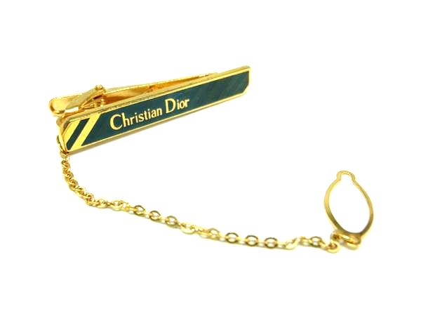 ■美品■ ChristianDior クリスチャンディオール タイピン タイクリップ アクセサリー ゴールド系×グリーン系 DL2596