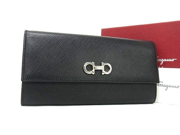 ■新品■未使用■SalvatoreFerragamo フェラガモ JP-22-B002 ダブルガンチーニ レザー 二つ折り 長財布 ウォレット ブラック系 BR1270