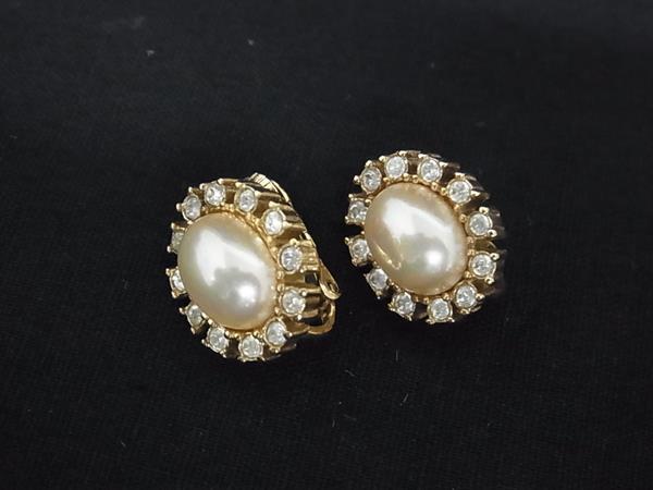 ■美品■ ChristianDior ディオール ヴィンテージ パール ラインストーン クリップ式 イヤリング アクセサリー ゴールド系 FP7291