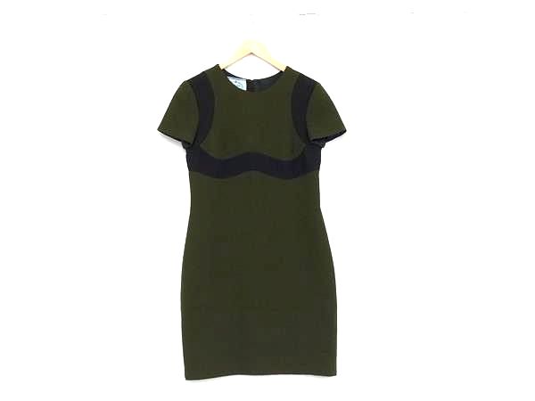 ■美品■ PRADA プラダ ウール77％×シルク23％ 半袖 ワンピース 表記サイズ40 洋服 レディース カーキ系 FP7790