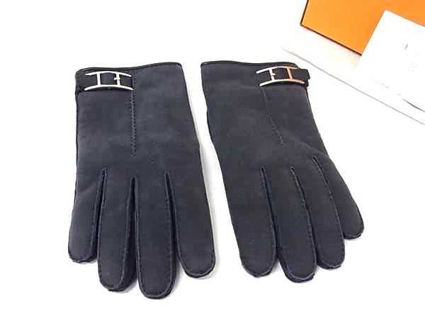 樂天商城 - ■美品■ HERMES エルメス スエード シルバー金具 手袋 グローブ 防寒具 表記サイズ8 レディース ネイビー系 FR5518