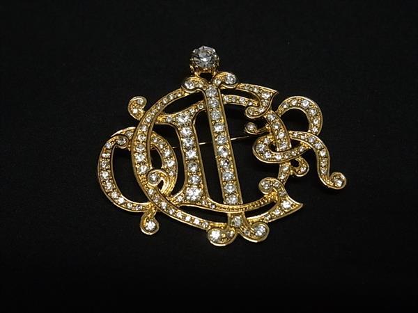 ■極美品■ ChristianDior クリスチャンディオール ラインストーン ピンバッジ ピンブローチ アクセサリー ゴールド系 FS8010