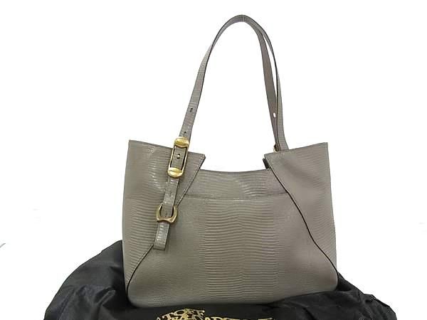 ■極美品■ TOFF&LOADSTONE トフアンドロードストーン ラップトート リザード型押しレザー ショルダーバッグ グレー系 FV4593