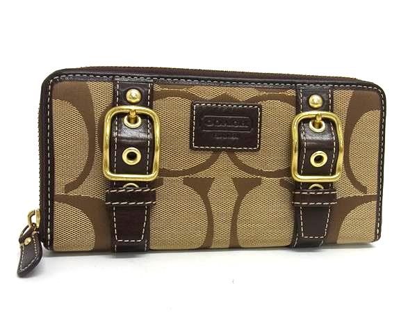 ■美品■ COACH コーチ シグネチャー キャンバス×レザー ラウンドファスナー 長財布 札入れ 小銭入れ レディース ブラウン系 DJ8896