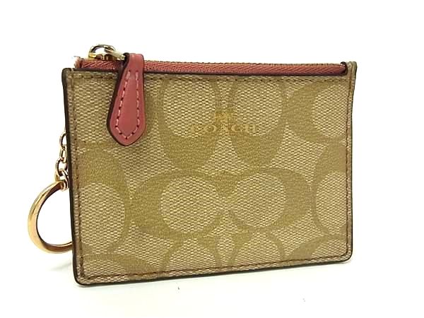 ■美品■ COACH コーチ F16107 シグネチャー PVC×レザー コインケース カードケース 小銭入れ カード入れ ライトブラウン系 DK9178