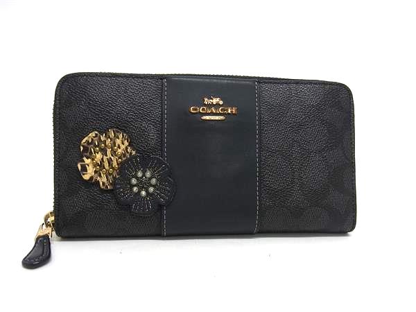 COACH コーチ 31546 シグネチャー アコーディオン ジップ PVC ラウンドファスナー 長財布 ウォレット メンズ ブラック系 DL6364