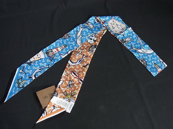 ■新品■未使用■ BURBERRY バーバリー シルク100% リボンスカーフ メンズ レディース ブルー系×オレンジ系 FD2819