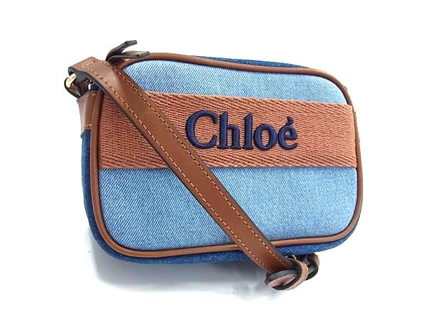 ■新品同様■ Chloe クロエ キャンバス×レザー ショルダーバッグ クロスボディ レディース ライトブルー系×ブラウン系 FW2178