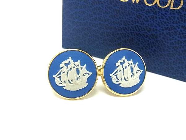 ■美品■ WEDGWOOD ウェッジウッド ジャスパー カメオ カフスボタン カフリンクス アクセサリー メンズ ゴールド系×ブルー系 DL8967