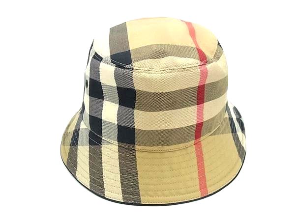 ■新品同様■ BURBERRY バーバリー ノバチェック コットン×レザー バケットハット 帽子 サイズS レディース ブラウン系 FW2429