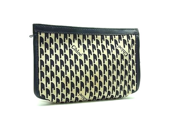 Chloe クロエ キャンバス×レザー 総柄 マルチポーチ マルチケース 小物入れ レディース アイボリー系×ネイビー系 DH0171