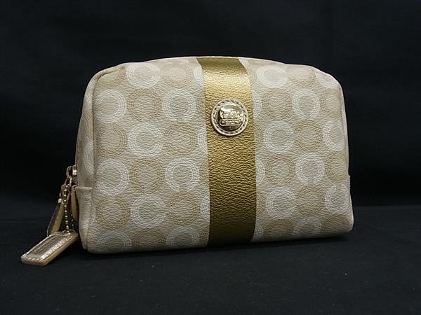 ■極美品■ COACH コーチ オプアート PVC メイクポーチ マルチケース 小物入れ レディース ベージュ系 DL7499
