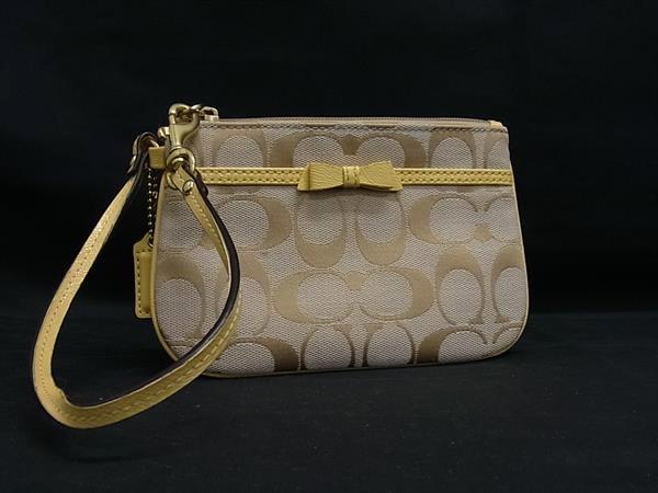 乐天商城 - ■美品■ COACH コーチ シグネチャー キャンバス リボン アクセサリーポーチ マルチケース 小物入れ ベージュ系×イエロー系 DM2733