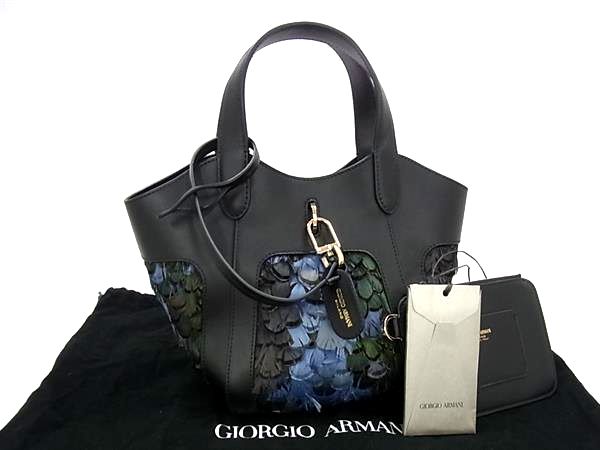 ■美品■ GIORGIO ARMANI ジョルジオアルマーニ レザー×フェザー ポーチ付き ハンドバッグ トート レディース ブラック系 FT6753