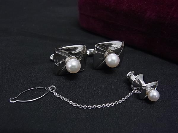 MIKIMOTO ミキモト 本真珠 アコヤ真珠 パール 約4mm〜約7mm カフスボタン カフリンクス タイタック 2点セット シルバー系 DP2854