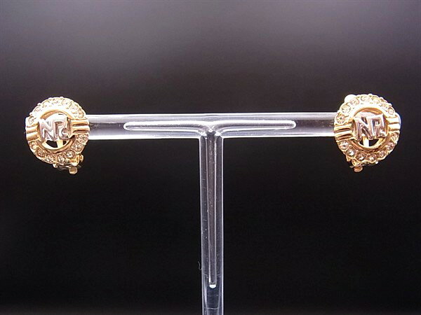 ■美品■ NINA RICCI ニナリッチ ラインストーン イヤリング アクセサリー レディース メンズ ゴールド系×シルバー系 DM7988